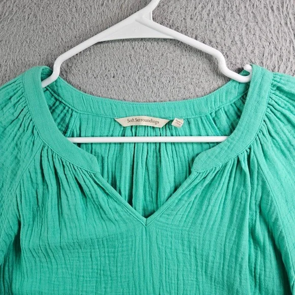 Soft Surroundings Tunic Top‎ Blouse Women Medium Split Neck 3/4 Sleeve Green - Picture 2 of 9